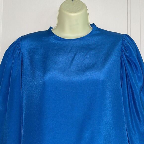 Vintage 80sâroyal blue polyester gathered shoulder long sleeveâblouse - Picture 2 of 9
